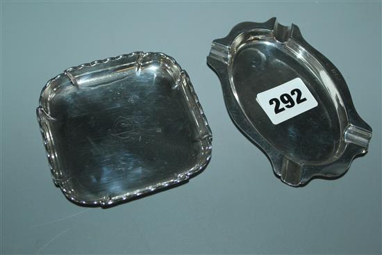 Square silver pin tray, London 1904 and an ashstray, Birmingham 1934